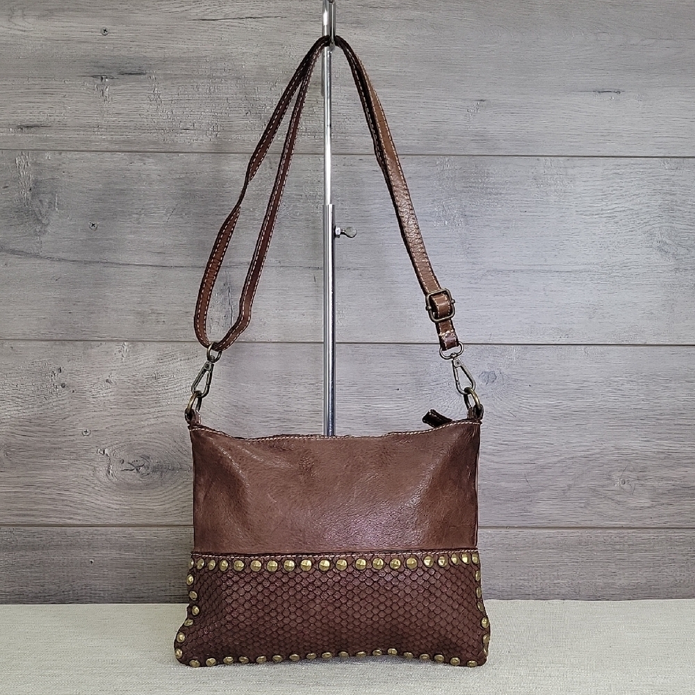 Costanza Rota Brown Leather Studded Crossbody Shoulder Bag